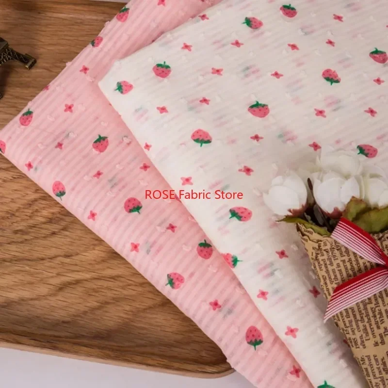 

60D stripe small strawberry printed thin soft cotton fabric for children's clothing apparel DIY handmade home decoration cloth