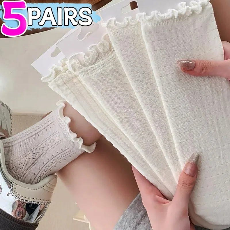 

Lace Mesh Summer Socks for Women Summer Hollow Breathable Cotton Ruffles Girls Fashion Sweet Ultra-thin Middle Tube Stockings