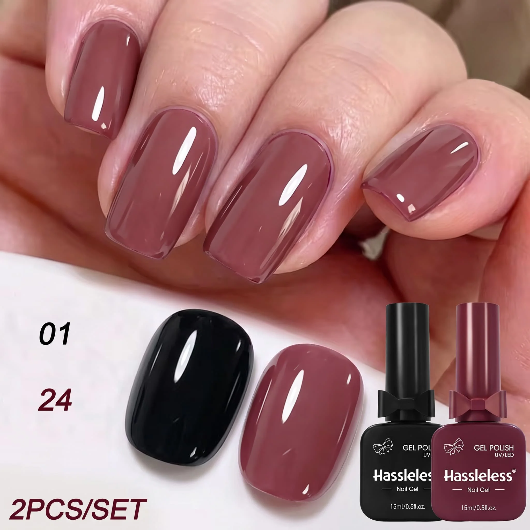 Hassleless 2-Piece Vintage Dark Rose Nail Polish Set, Featuring Soft Gray Bean Paste Rose and Rich Black Cherry Wine Red, with a Salon-Like Mirror Finish