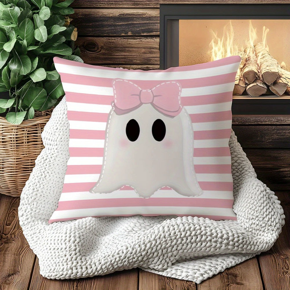 1PC Throw Pillow Cover,Pink Stripe Ghost Bow Print,Kawaii Halloween Style,For Sofa Bedroom Couch Home Decor