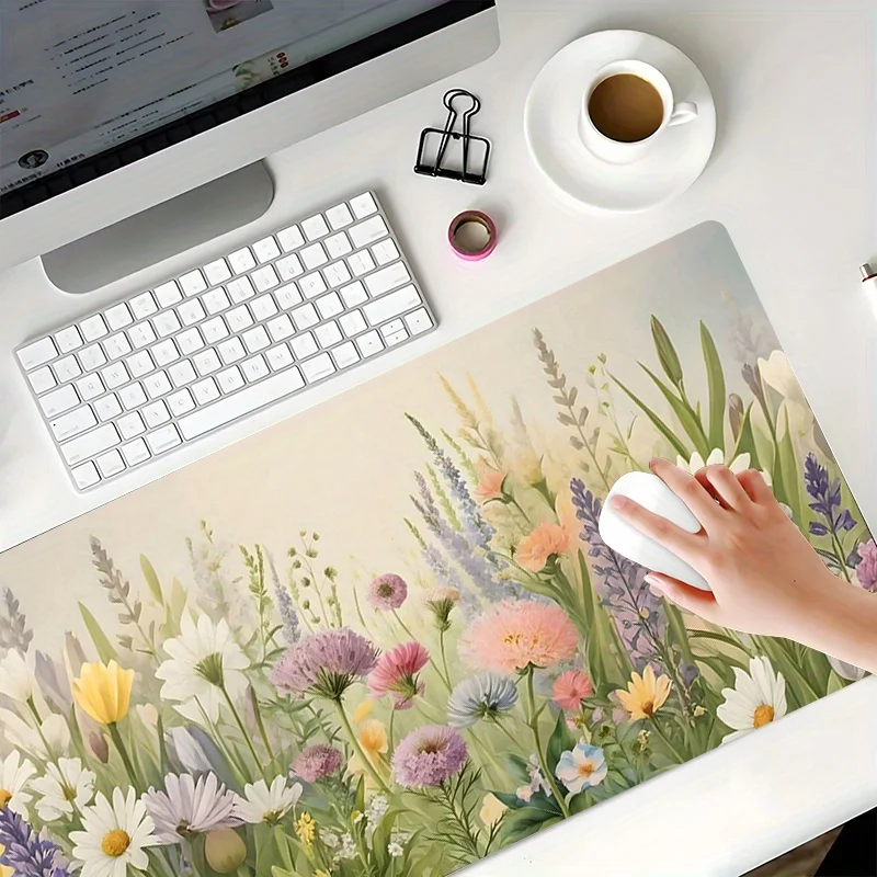 

89.92x39.88 cm Large Desk Mat & Mouse Pad - Elegant Floral Design with Daisies & Lavender, Soft Non-Slip Surface, Durable HD Pri