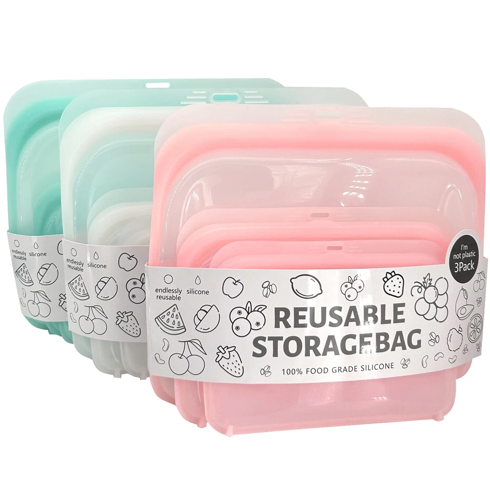 3pcs/Pack Silicone Reusable Food Storage Bags Airtight Ziplock Sandwich Snack Bags Microwave Dishwasher Freezer Safe Fresh Bags