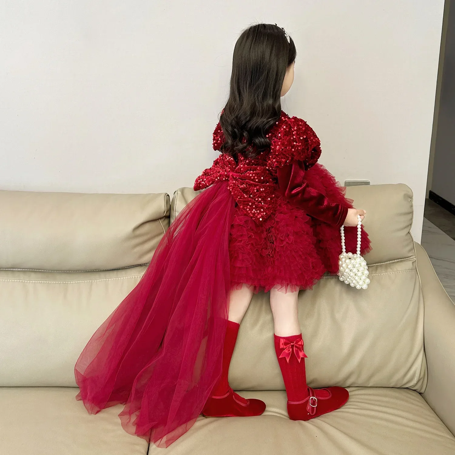 

2026 Red Dress Girl Tulle Baptism Party Sequin Prom Clothes Festive Customization Flower Girl Dresses Beauty Pageant Dress