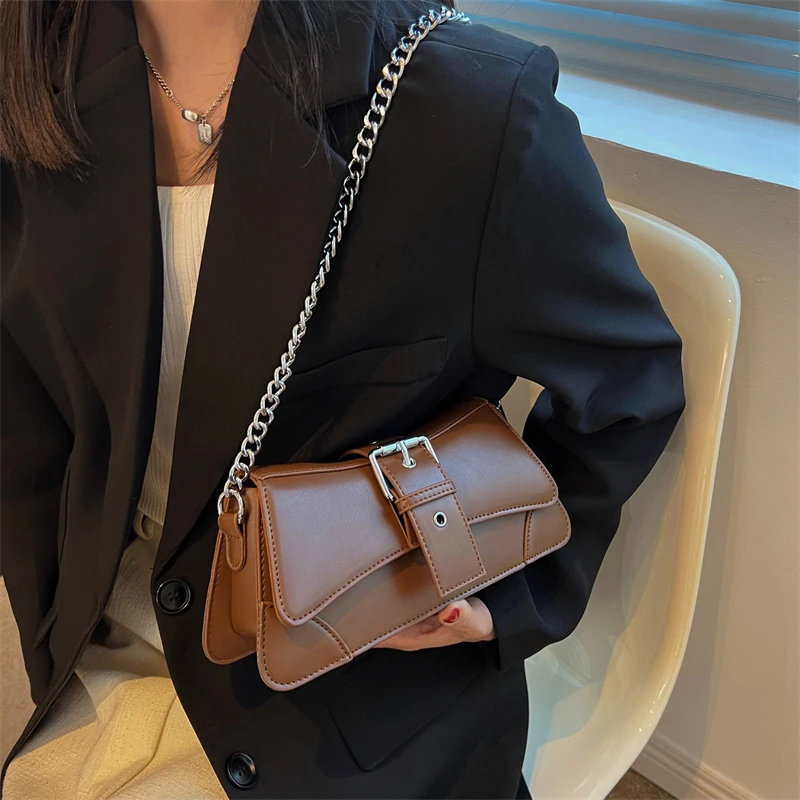 Solid color Chain Shoulder Bag for Women Small PU Leather Handbags 2023 Vintage Luxury Brand Lady Crossbody Bag Coffee Black