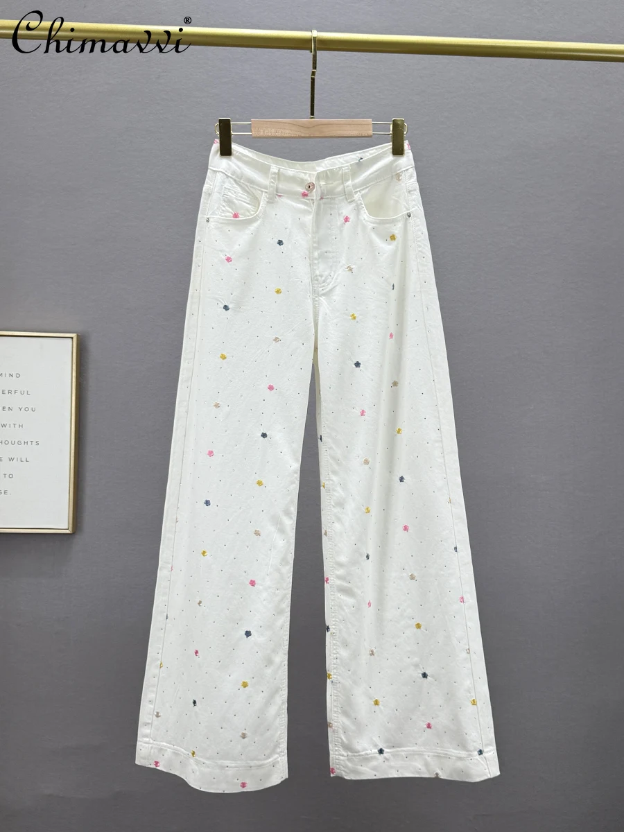 

Embroidered Hot Diamond Denim Wide-leg Pants Women's Summer New Fashion High-waisted Loose Slim European Floor-mopping Trousers