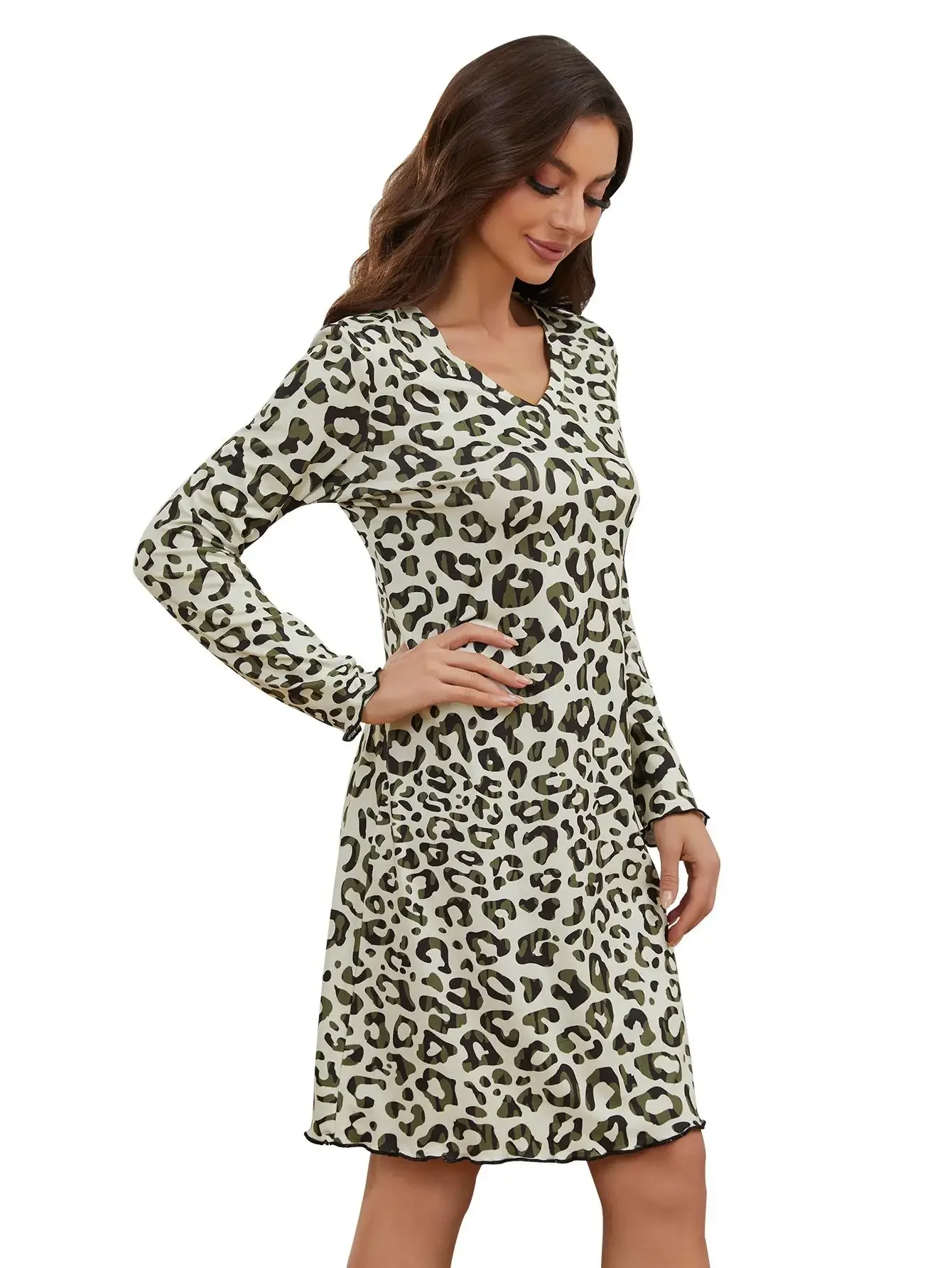 V Neck Ruffle Trim Women Nightgown Long Sleeves Leopard Print Pajama Dress Female Sleepwear Spring Fall Nightwear Homewear