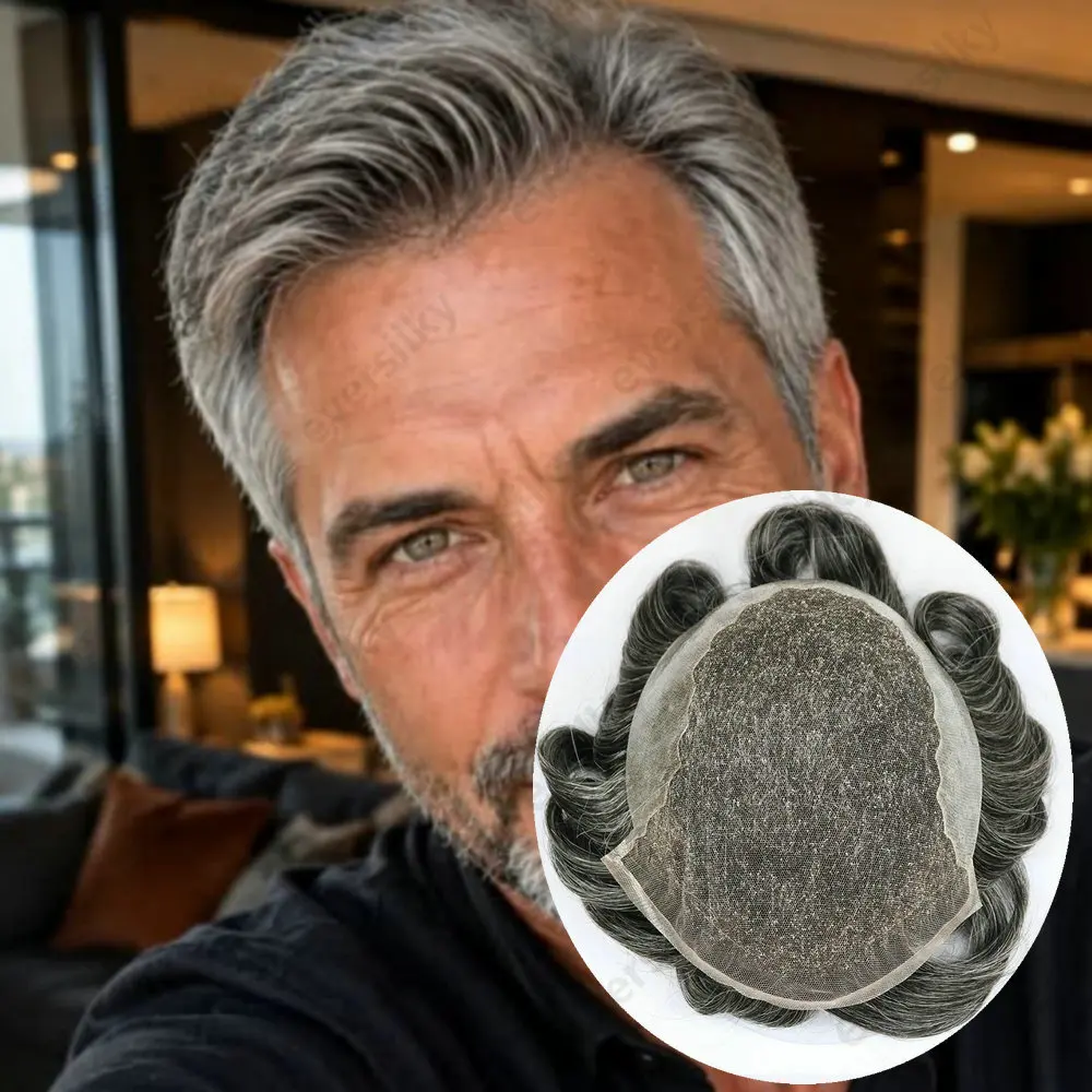 Invisiable Hairline Q6 Hair System For Older Men Toupee Swiss Lace &PU Base Grey 1B65 1B80 Human Hair Capillary Prothesis System