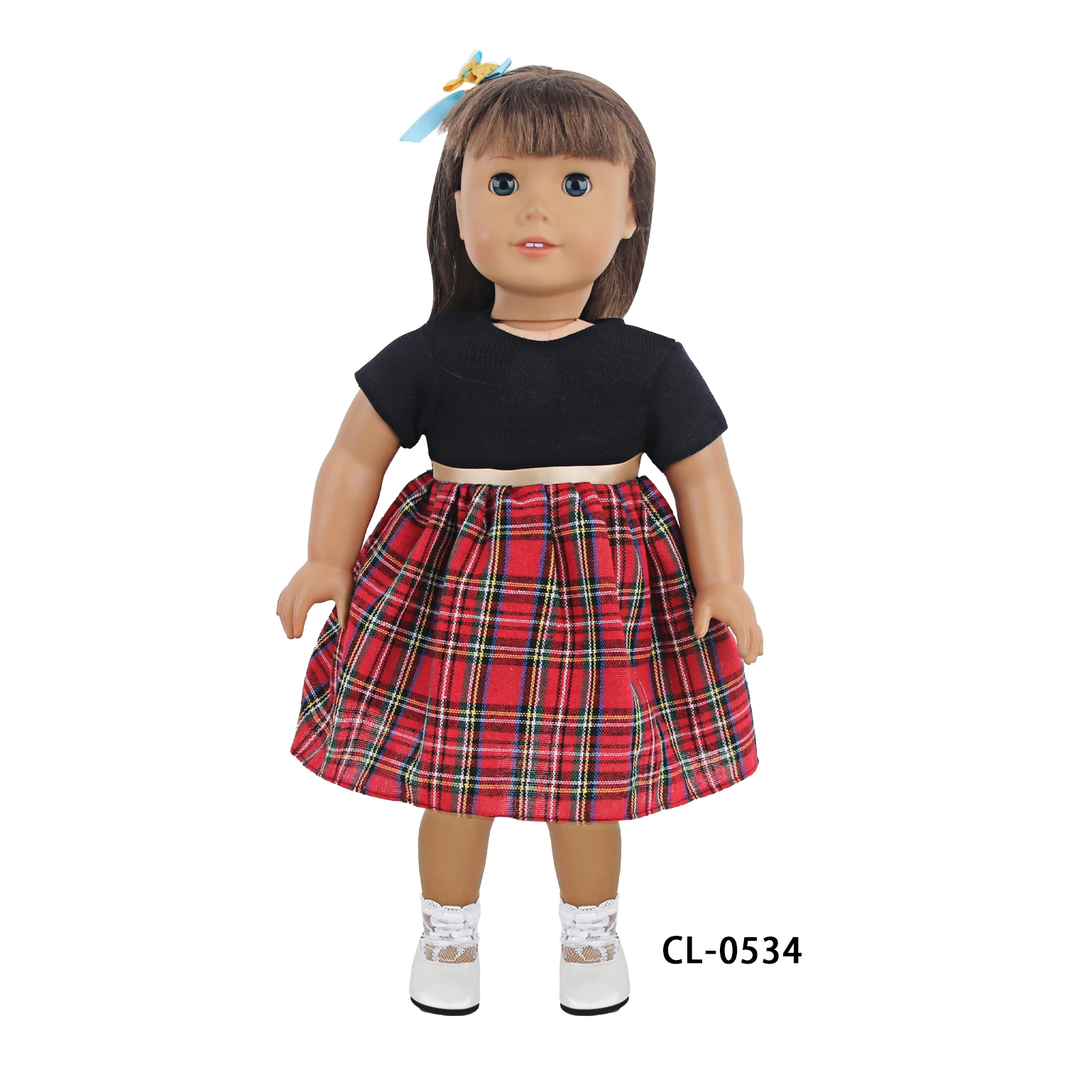 Conjunto de vestido de muñeca para muñecas americanas de 18 pulgadas, falda escocesa a cuadros (vestido, calcetines y diadema), para muñecas recién nacidas de 43cm