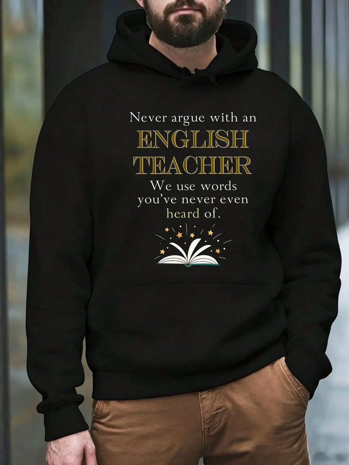 Men's Casual Hoodies, English Teacher Humor Book Printed Long Sleeve Hooded Sweatshirt, Versatile Top For Autumn Winter