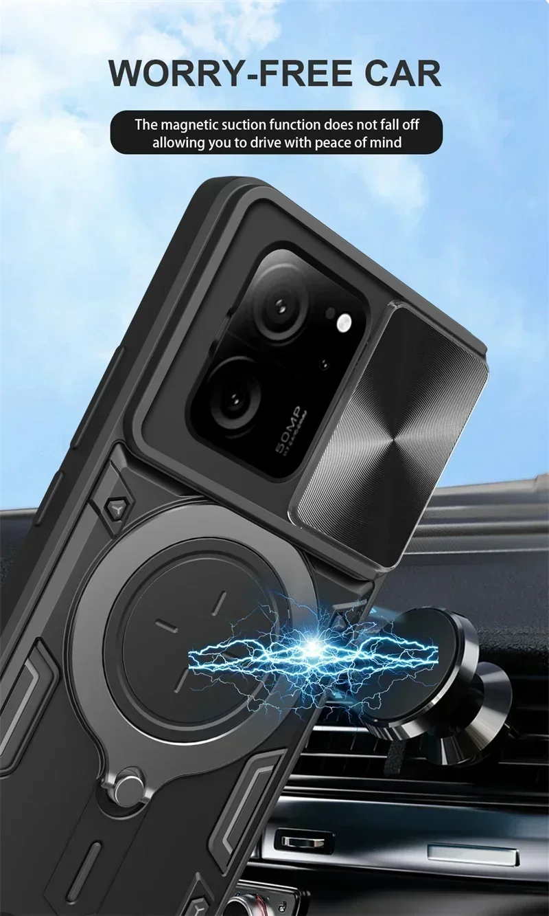 Для Xiaomi 13T Pro Чехол слайд-линзовой бронированный чехол для телефона Xiaomi Mi13T Mi 13T 13 T Pro Xiaomi13T Магнитный кольцевой держатель Задняя крышка