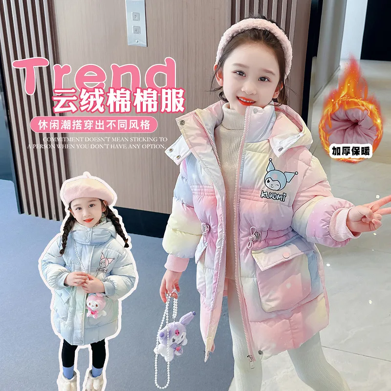 Kuromi Kids Long-Style Down Jackets Anime Sanrios Kuromi Winter Cute Jacket Girl Rainbow Color Plush Collar Hooded Overcoat Warm