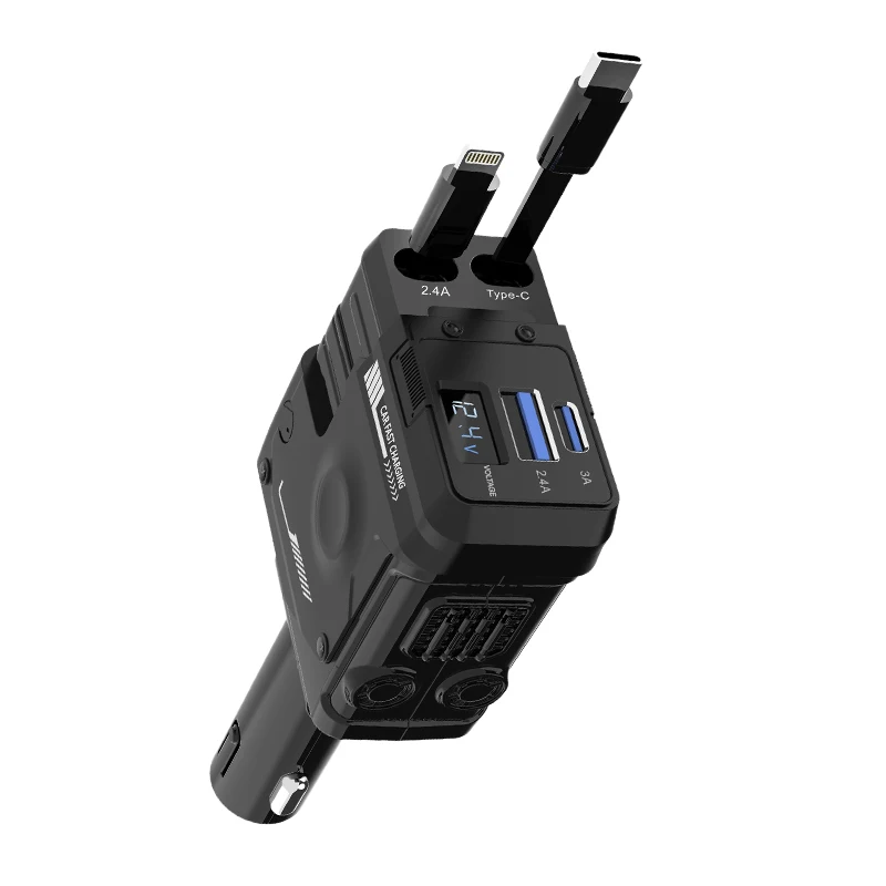 USB C carregador de carro para o telefone, escalável, Super carregamento rápido, adaptador de isqueiro, cabo retrátil, 120W, 4 em 1