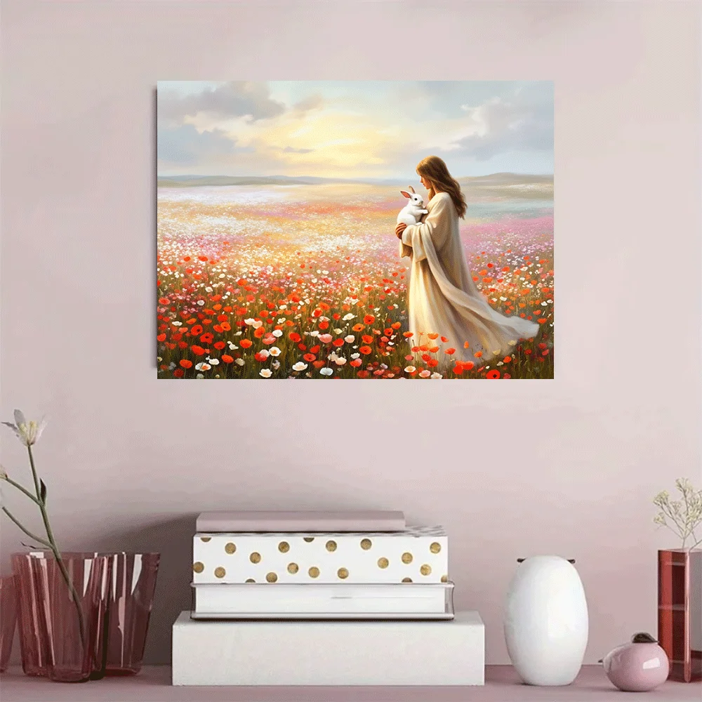1PC-Unframed Canvas poster wall decoration  Peaceful Woman Holding White Rabbit in Flower Field Sunset Landscape Art Print