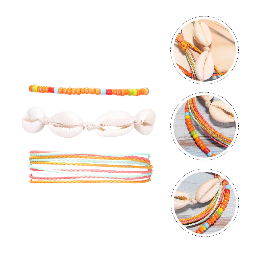 

3pcs Bohemian Anklet Set Orange Beads Foot Chain For Women Fashion Ankle Jewelry Creative Foot Accessories Decor