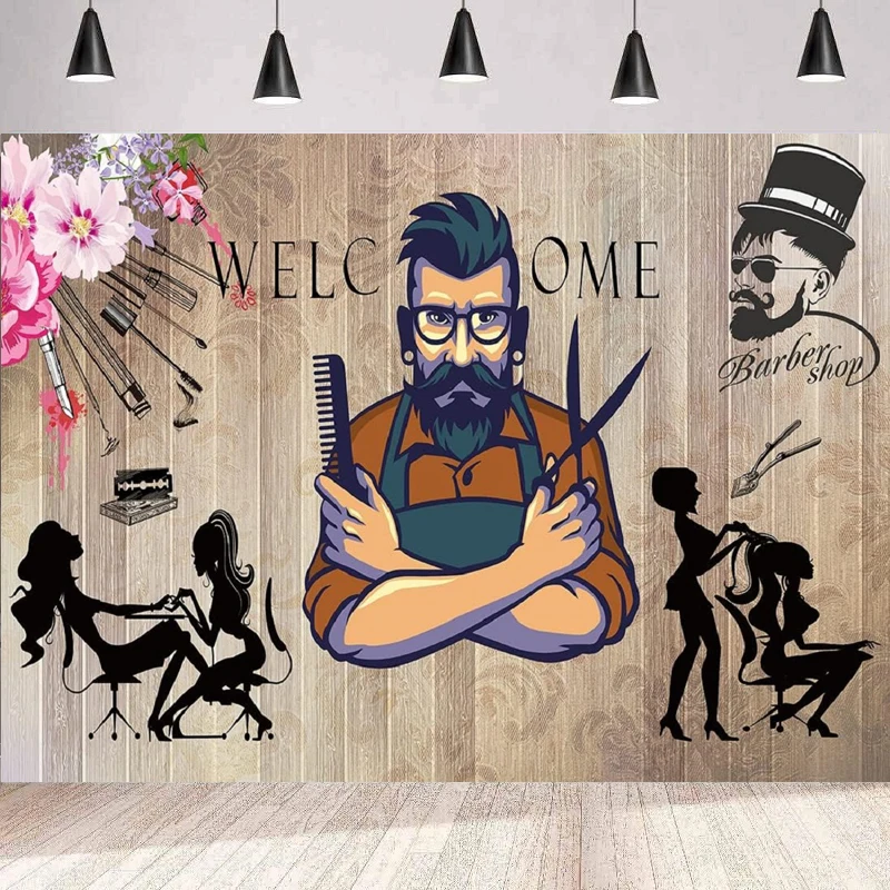 Barbershop Photography Backdrop Hair Stylists Picture Hair Combs Barber Scissors Wooden Wall Painting Background Party Banner