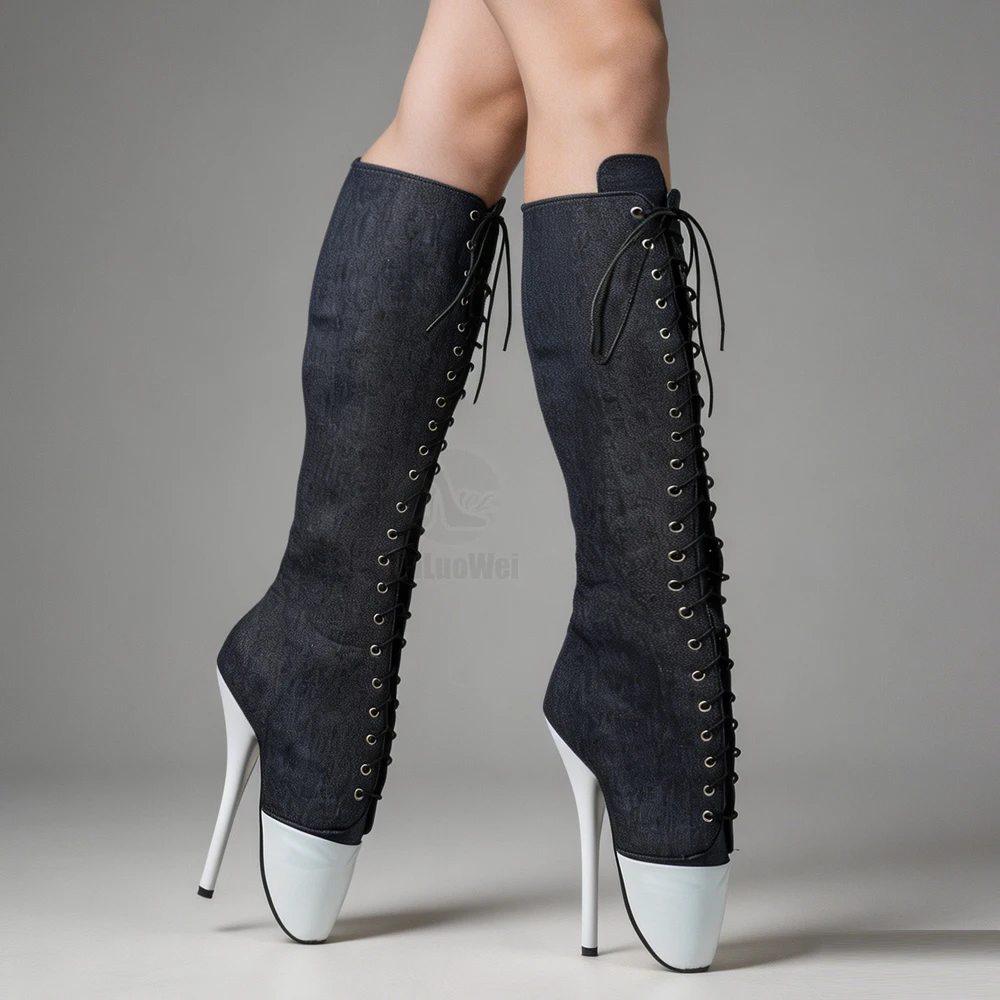 7 Inch High Heel Denim Knee High Ballet Boots New Style Unisex Size36-46 view 5