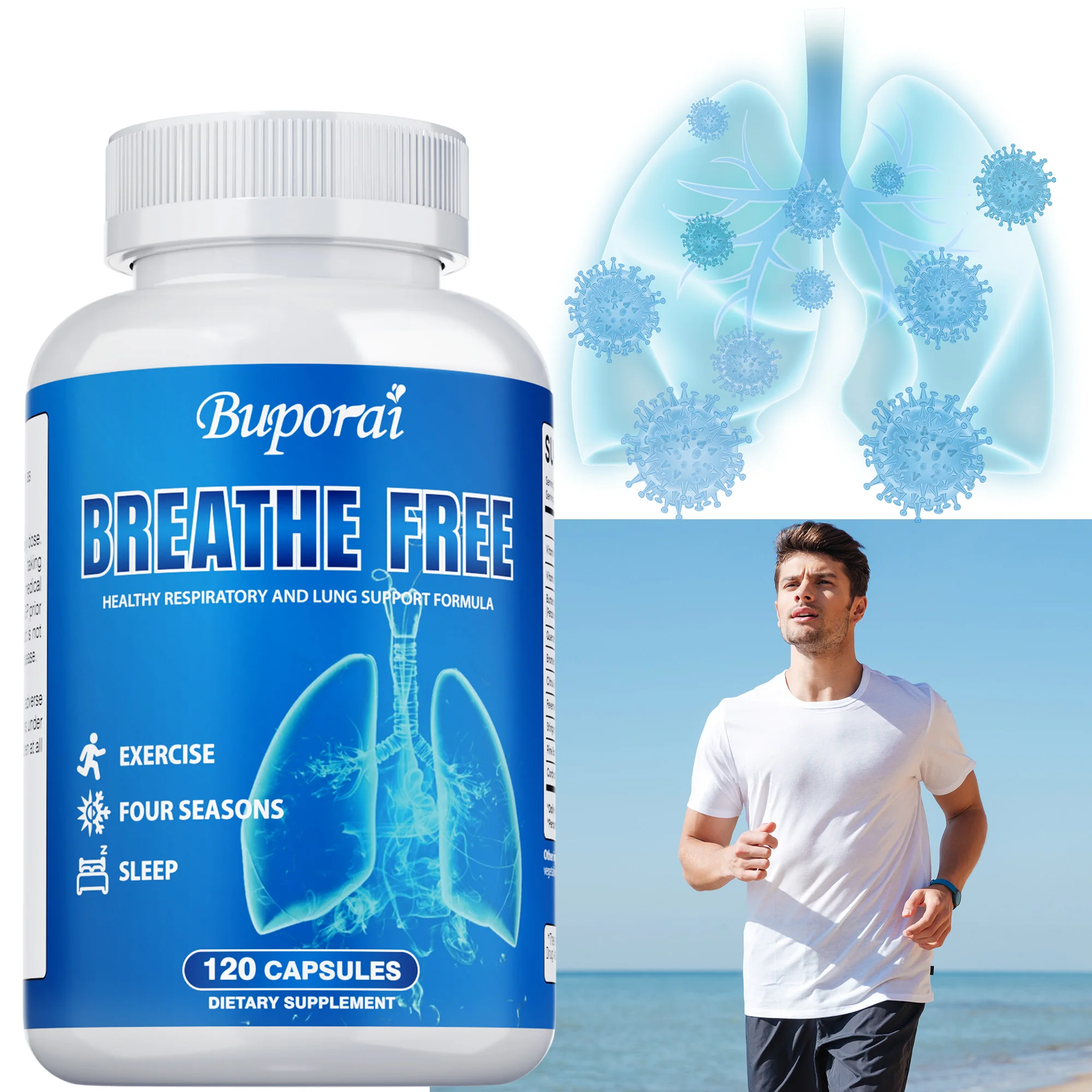

Breathe Free Support - Lung Health, Reduces Respiratory Discomfort, Improves Hypoxia, Enhances Respiratory Endurance, Non-GMO