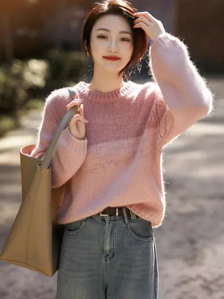 2024 Autumn/Winter Fashion New Women's Youthful Sweet Style Bottom Shirt Loose Round Neck Long Sleeve Inner Knitted Hoodie