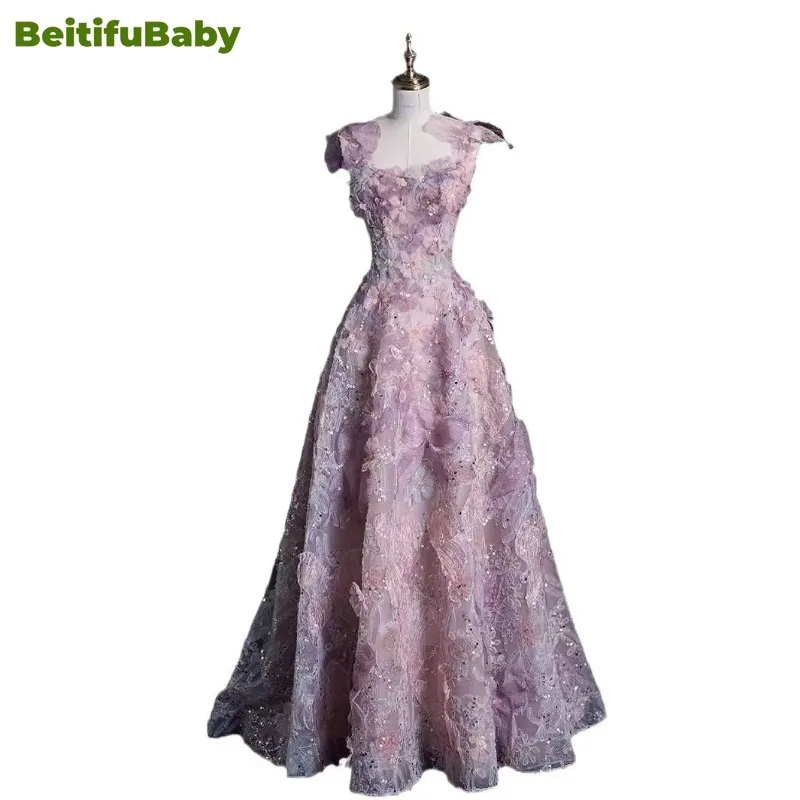 Beitifubaby Women Party Dresses Heavy Industry French Style Sleeveless Handmade Appliques Butterfly Fairy Adult Evening Dress