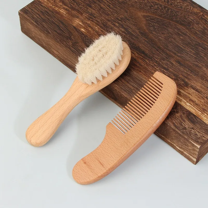 2pcs Baby Hair Brush and Comb Set Newborn Wood Comb Hair Bath Shower Soft Mini Wool Baby Care Brush Infant Head Massager Comb