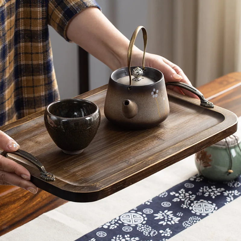 

Retro Storage Tray Chinese Bamboo Tea Tray Classic Metal Handle Wooden Tray Walnut Color Storage Fruit Plate Dinne Organization