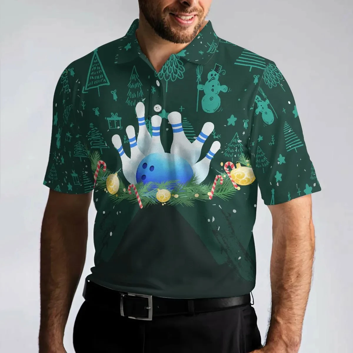Christmas Bowling Polo Shirt, Tree Design, All-over Print, Holiday Lane Tee, Bowling Pin Wreath Ornament, Xmas Bowler Gift,