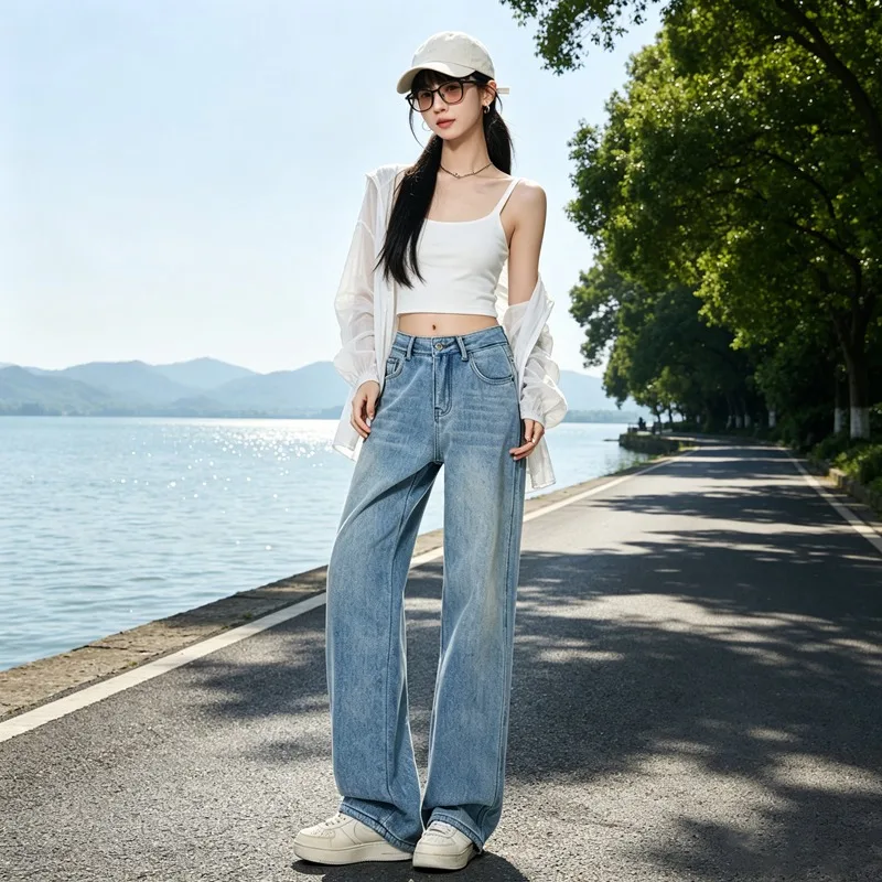 Women High Waist Wide Leg Jeans Summer Draped Loose Slim Straight Floor Length Pants For Pear Shaped Figure