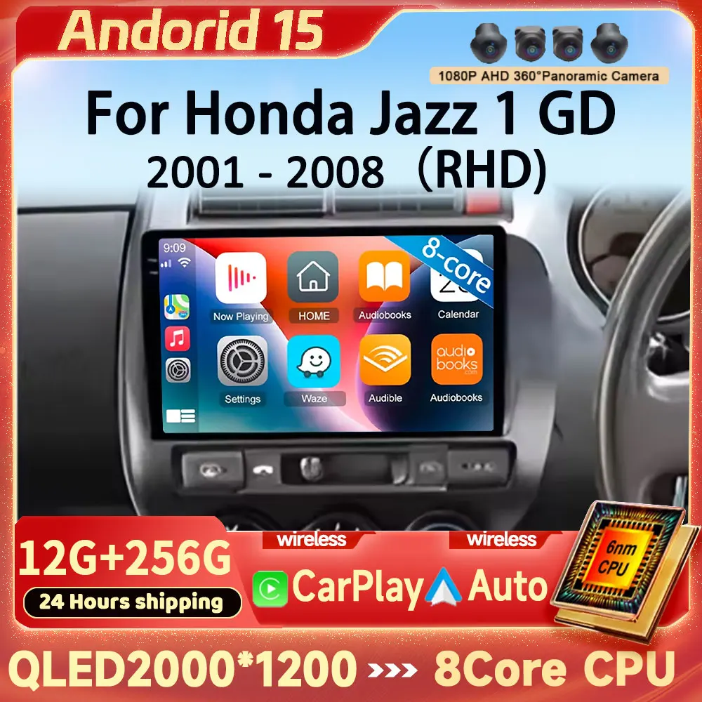 

Android 15 для Honda Jazz 1 GD 2001-2008 подходит для 2001-2009 2K QLED стерео автомобильный радиоприемник мультимедийный видеоплеер GPS 4G CarPlay