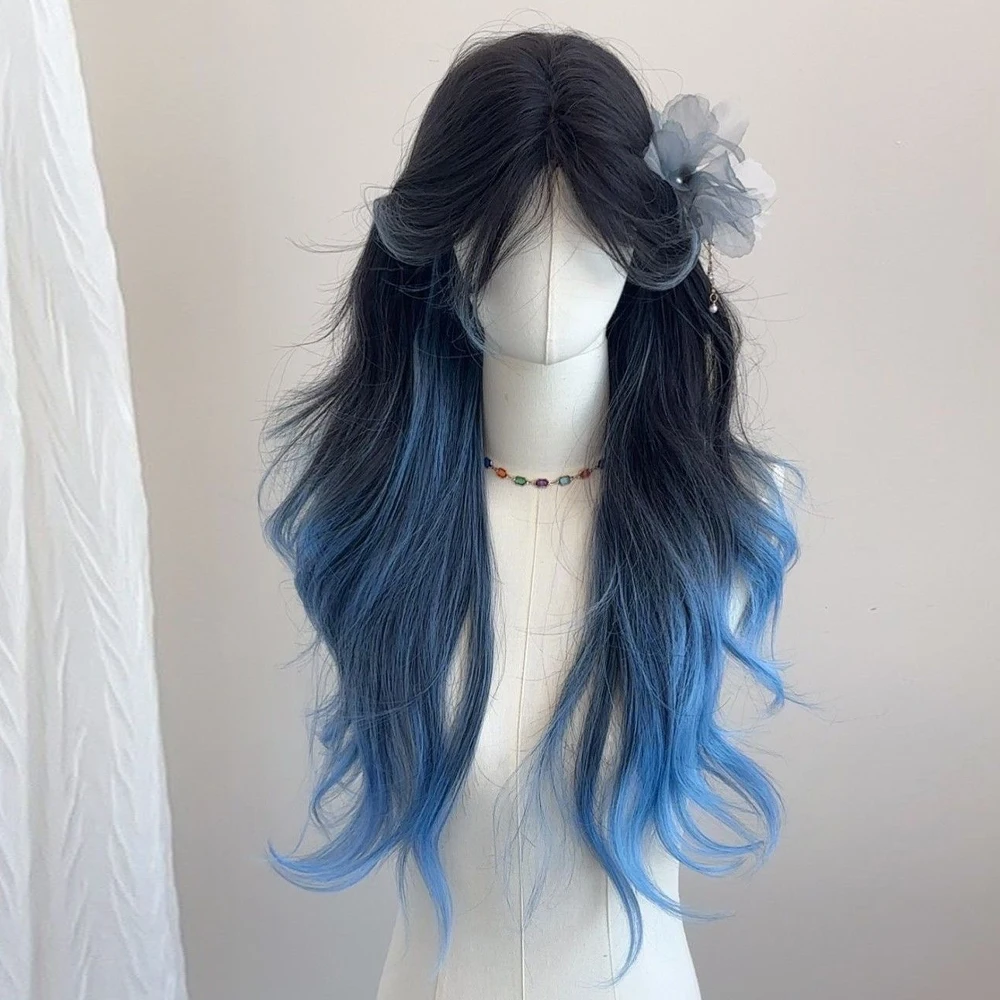 أسود أومبير الأزرق الاصطناعية المرأة شعر مستعار مع الانفجارات طويلة متموجة لوليتا تأثيري شعر مستعار رقيق مقاومة للحرارة للحزب اليومي #3