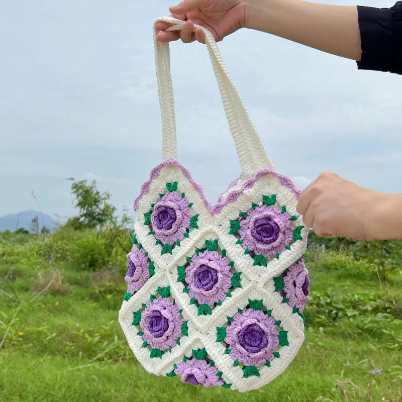 Hand‑Knitted Rose Shoulder Bag, Retro Sweet Camellia Flower Woven Handmade Purse For Women