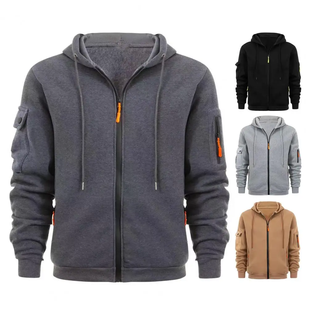 Men Hoodie Men's Stylish Hooded Coat with Plush Lining Multi Pockets for Warmth Comfort Versatile Daily Wear Outwear Men Long