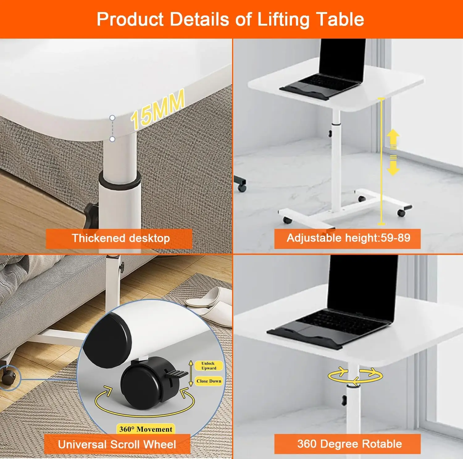 سرير فوق السرير بعجلات، طاولة كمبيوتر محمول قابلة لتعديل الارتفاع مع رف، مكتب منزلي محمول، مكتب كمبيوتر محمول محمول C