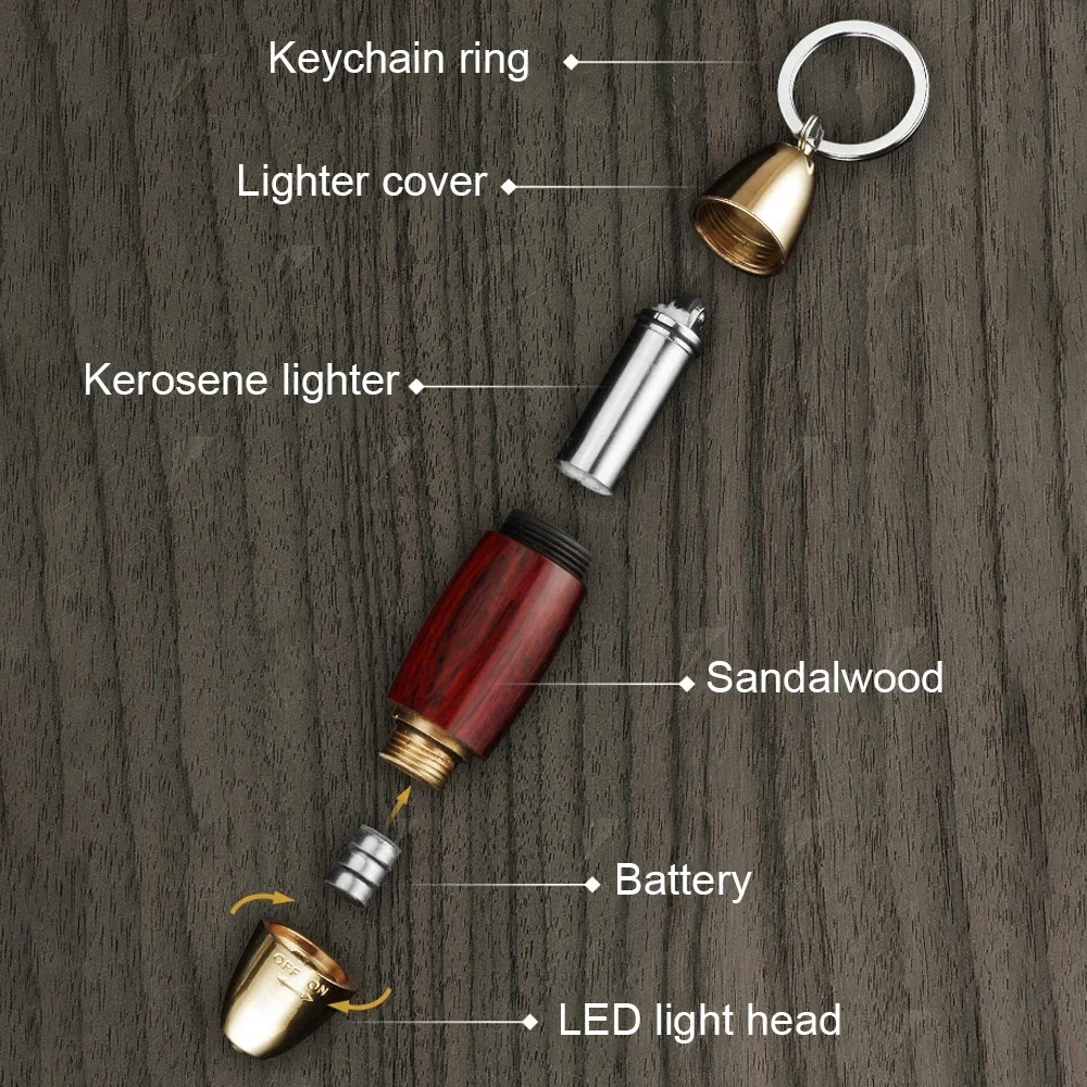 Sandalwood Kerosene Lighter Creative Mini Keychain Grinding Wheel Gasoline Flint Lighter With Flashlight Gift For Men