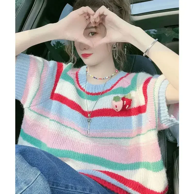 Vintage Kawaii Clothes Y2k Top Harajuku Grunge Aesthetic Hotsweet Graphic T Shirts Striped Knit Short Sleeved Strawberry Sweater
