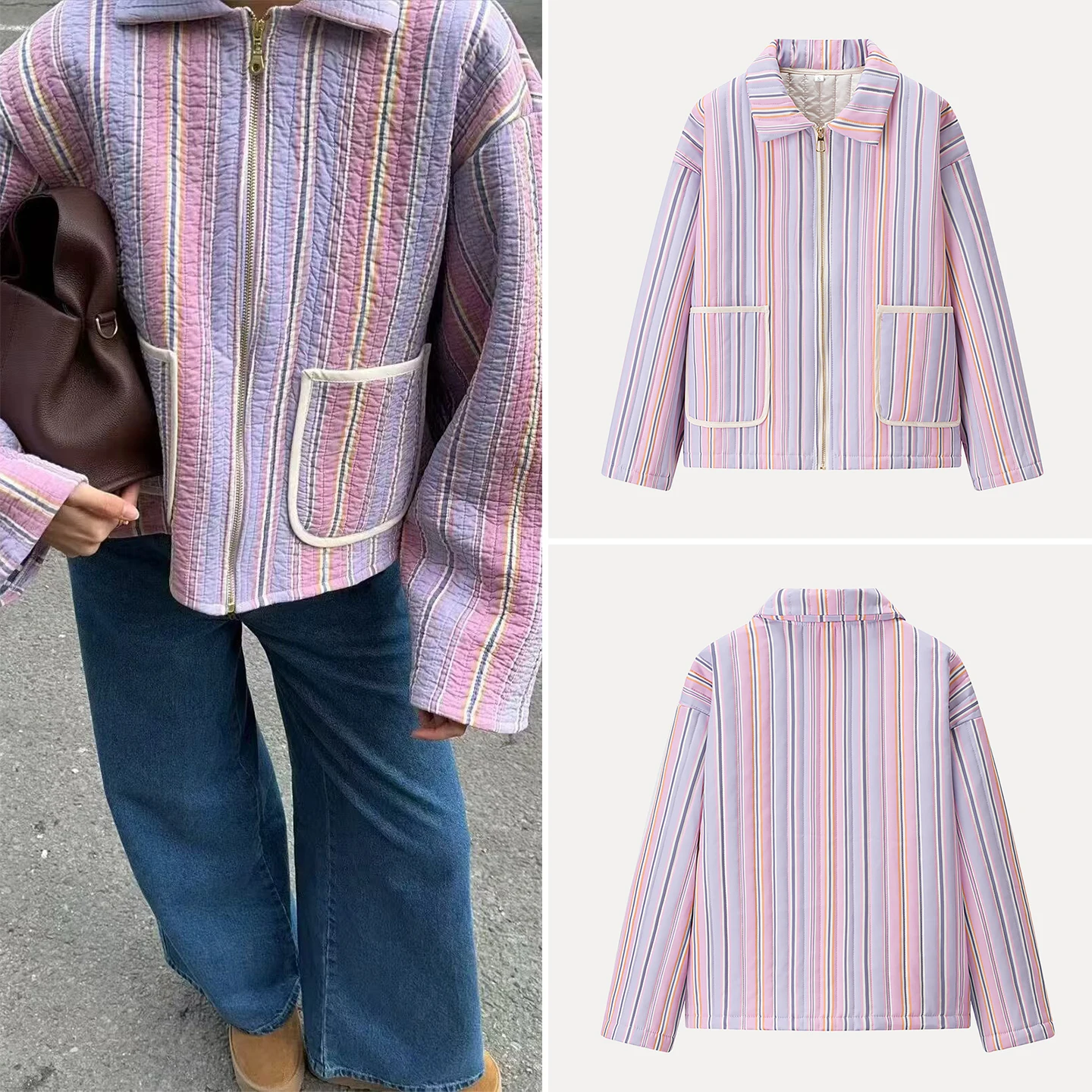

Dry Striped Cotton Jaet Long Sve Turn-down Collar Commuter Sle Regular Fit Zipper Closure No Hood Women's Faion
