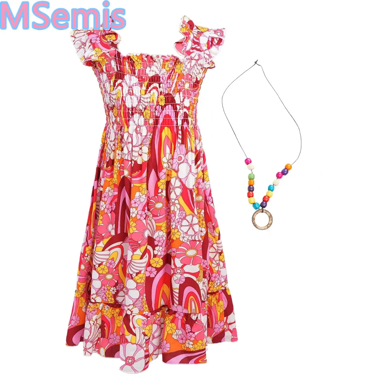 

Kids Girls Floral Print Travel Sundress Sleeveless A-Line Ruffled Smocked Dress with Necklace for Beach Holiday Wedding Party