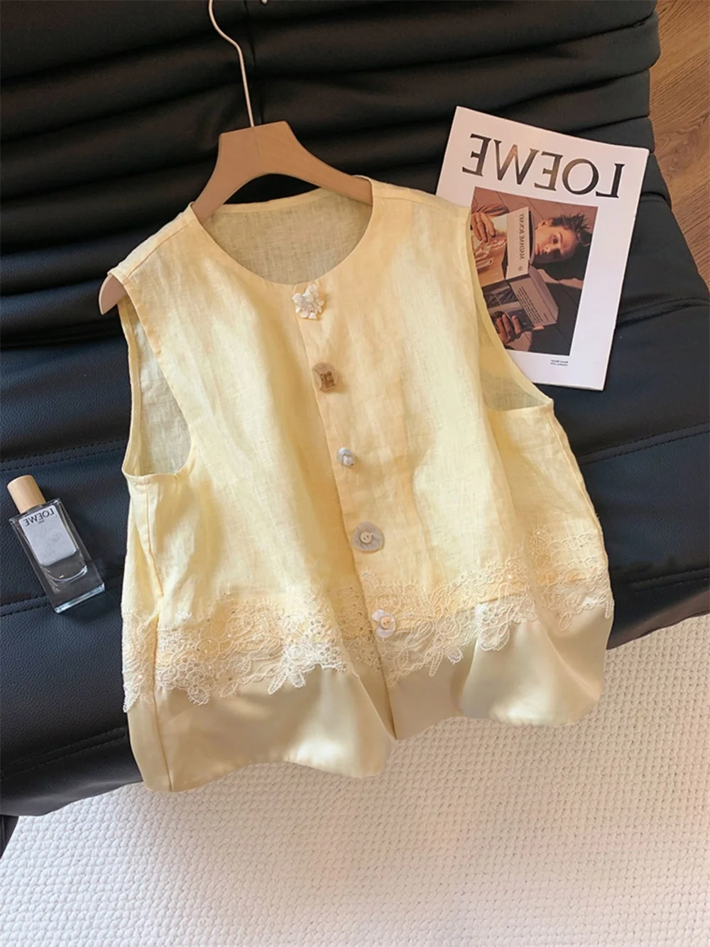 

New Chinese Sle Heavy Embroidery Lace Patchwork Single Button Svel irt Women Summer Design Loose Vest Top