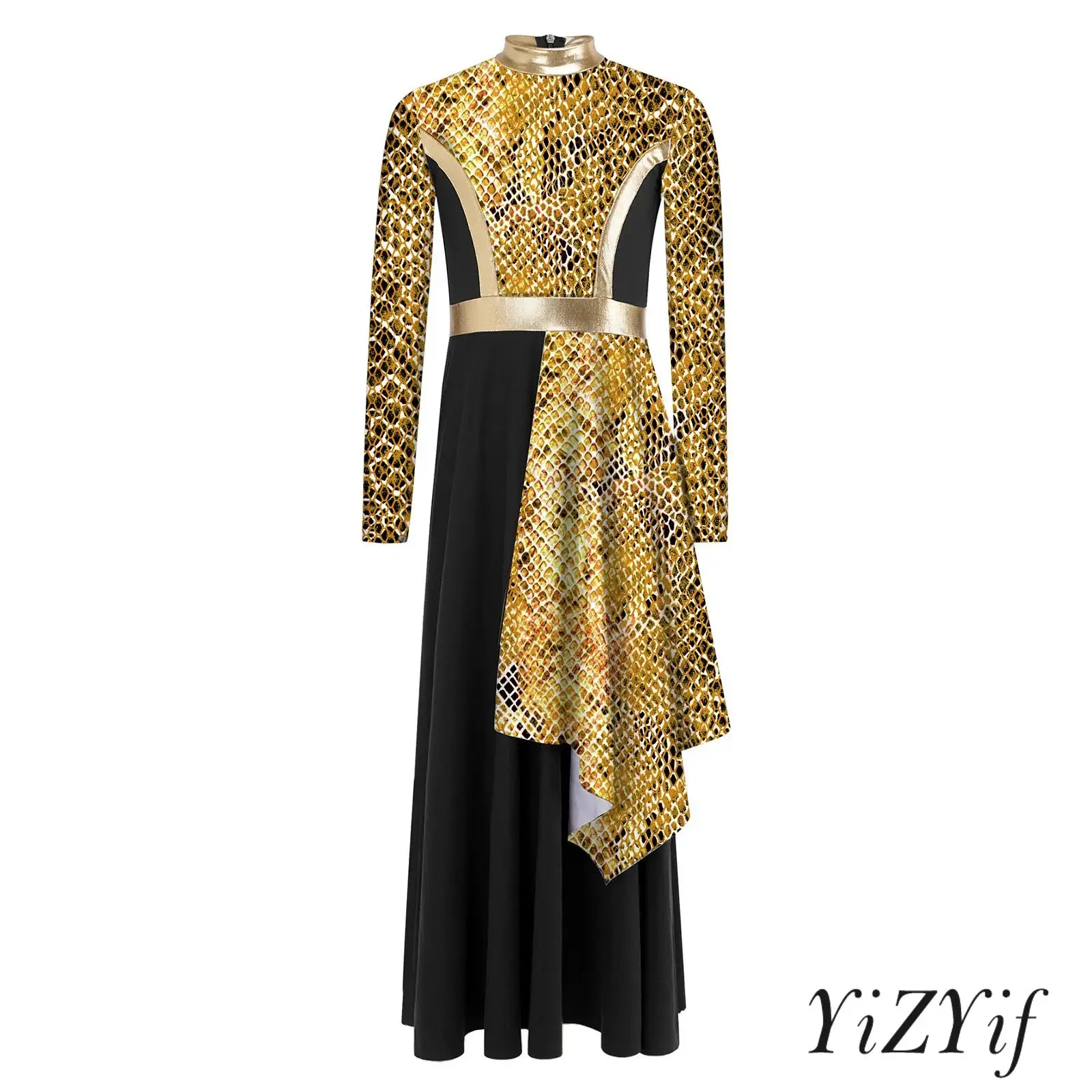 

Girls Worship Dance Dress Mock Neck Long Sleeve Stylish Print Asymmetrical Drape Back Zipper for Praise Performance Dancewear