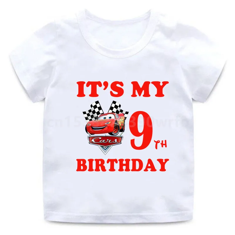 T-shirt joyeux anniversaire Pixar Rains Mcqueen pour enfants, chemises imprimées blanches, cadeaux unisexes pour enfants, vêtements pour enfants, c'est mon anniversaire