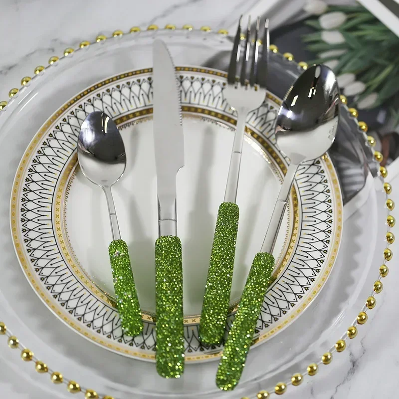 Luxury Dinnerware Set 304 Stainless Steel Green Diamond Knife Fork Spoon Sparkling Bling Utensils for Kitchen Wedding Gifts