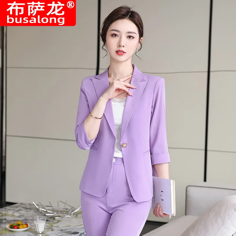 Purple Three-Quarter Sleeve Coat Spring Summer Fashion Casual Suit Slim-Fit Mid-Sleeve Business Wear Leggings Work Clothes Forma