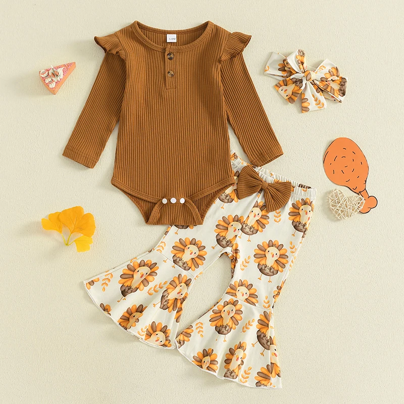 

2024-07-16 Lioraitiin Baby Girls 3Pcs Thanksgiving Outfits Long Sleeve Romper + Bow Flare Pants + Headband Set Fall Clothes