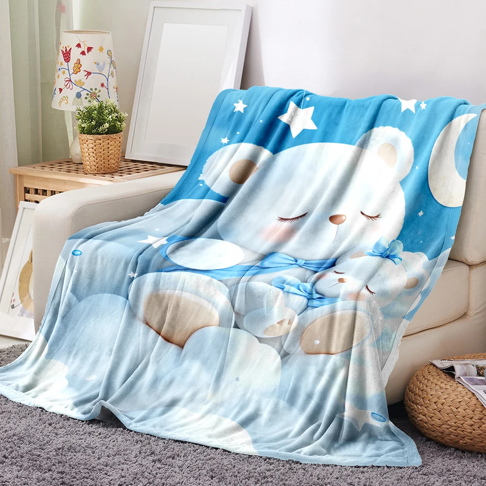 1PC Cartoon Teddy Bear Sleeping Blanket and Moon Print Blanket-Made of soft and comfortable flannel, perfect for bed or sofa. Id