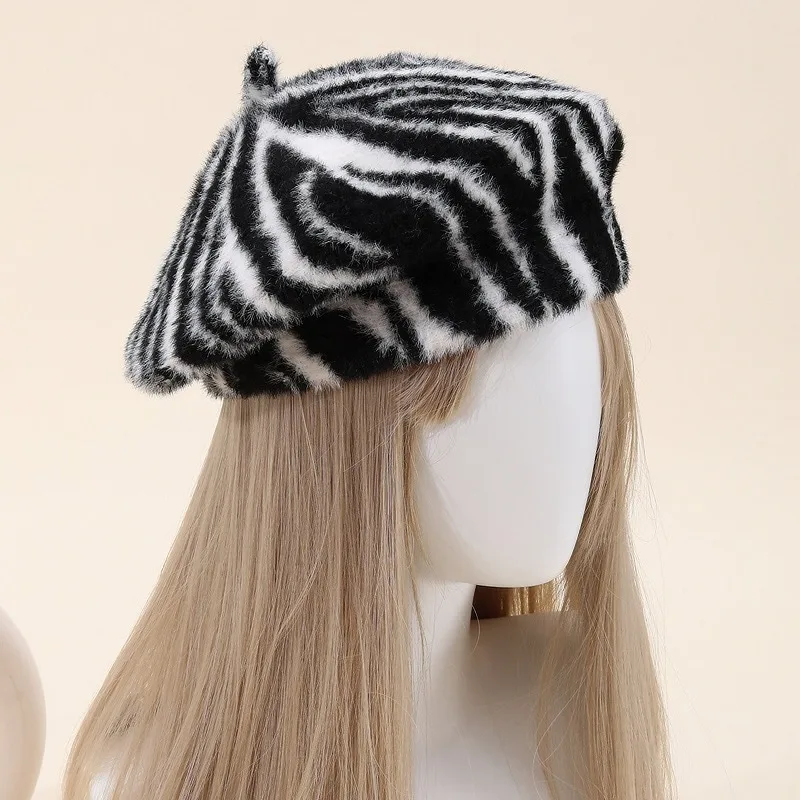 Womens Plush Striped Beret Hat Faux Mink Fur Warm Forward Cap Vintage Autumn Winter Daily Painter Hat