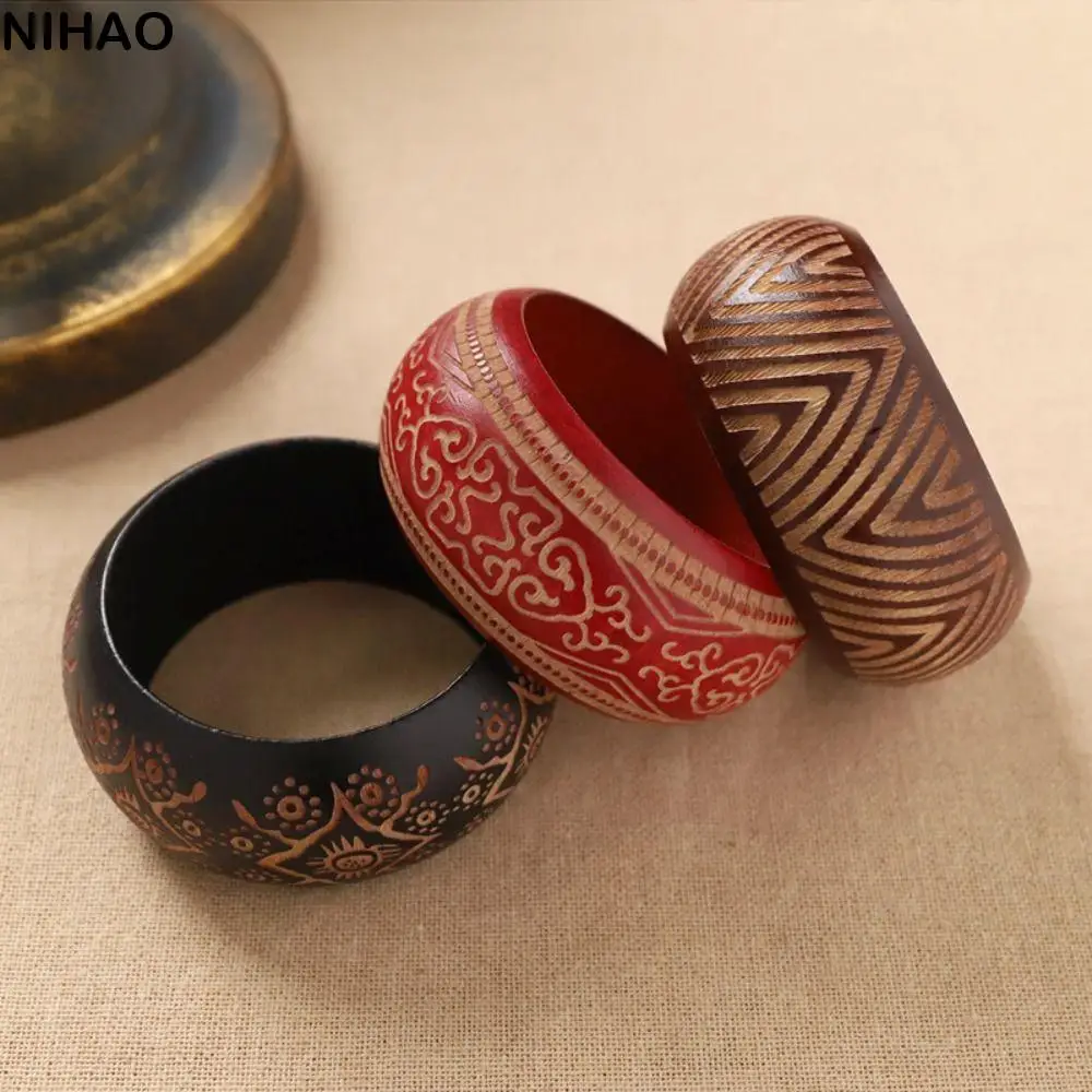 

Gift Retro Carving Wooden Bangle Colorful Round Chinese Style Bracelet Handmade Wide Ethnic Style Bangle Wrist Bracelets