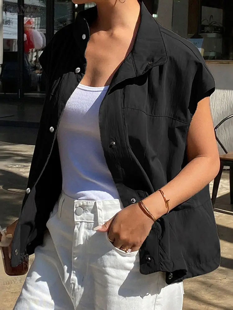 ZANZEA سترات نسائية عصرية ذات ثنيات وياقة مقلوبة وأكمام قصيرة وأزرار علوية بلون سادة وحاشية برباط صدريات نسائية