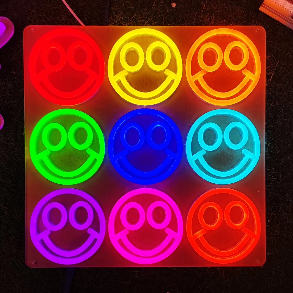 Colorful smiling face neon sign, used for wall decoration, OK gesture LED light, with dimmable children\'s game room bedroom