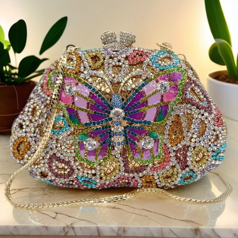 

New Fashion Customized Crystal Rhinestone Clutch Evening Bag Wedding Party Butterfly-Shaped Crystal Inlaid Handbag