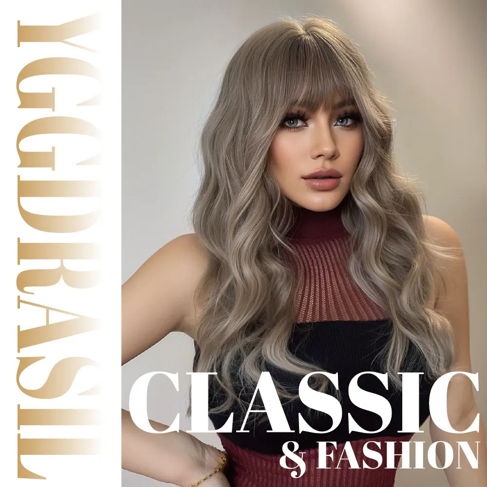 24Inch Grayish Brown Vintage Classic Style Synthetic Wigs with Bangs Medium Wavy Hair Wig For Women Daily Use Heat Resistant