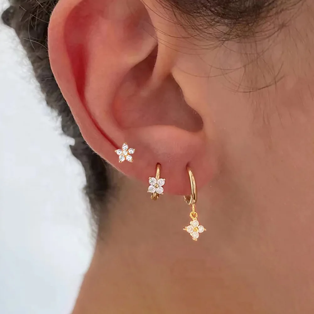 3PCS Simple Four Flower Zircon Little Hoop Earring Stainless Steel Star Cartilage Piercing Earring Set for Women Fashion Jewelry